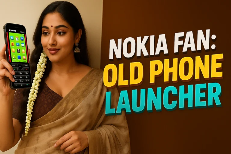 A traditional South Indian woman in a beige saree with jasmine flowers in her hair is smiling while holding a large Nokia-style smartphone displaying a retro keypad launcher interface. The screen shows colorful app icons in the style of old Nokia phones. She stands against a half-beige, half-brown background with bold text that reads, "Nokia Fan: Old Phone Launcher" in white, yellow, and blue font. Her look blends modern digital curiosity with nostalgic charm, perfectly highlighting the theme of a vintage Nokia launcher for Android devices.