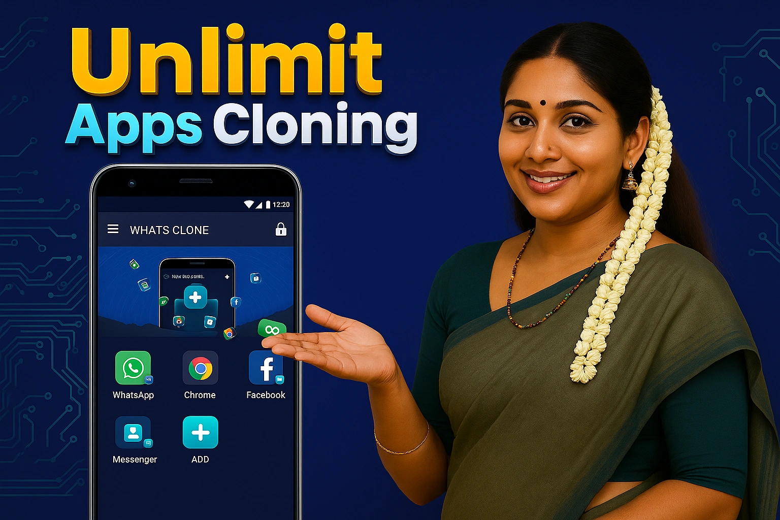 A high-quality promotional banner for the “Unlimit Apps Cloning” app. On the right, a smiling South Indian woman in a traditional olive-green saree with jasmine flowers in her hair gestures confidently toward a smartphone screen. The smartphone, displayed on the left, shows the "WHATS CLONE" app interface with icons for WhatsApp, Chrome, Facebook, and Messenger, representing multiple accounts support. The background is a dark blue tech-inspired digital pattern with circuit board graphics. At the top, the bold 3D-style text “Unlimit Apps Cloning” is shown in bright yellow, cyan blue, and white. The image is crisp, well-lit, and perfectly sized in a 16:9 widescreen ratio (1200x628 px), ideal for WordPress featured image, Google Discover, and social media previews.