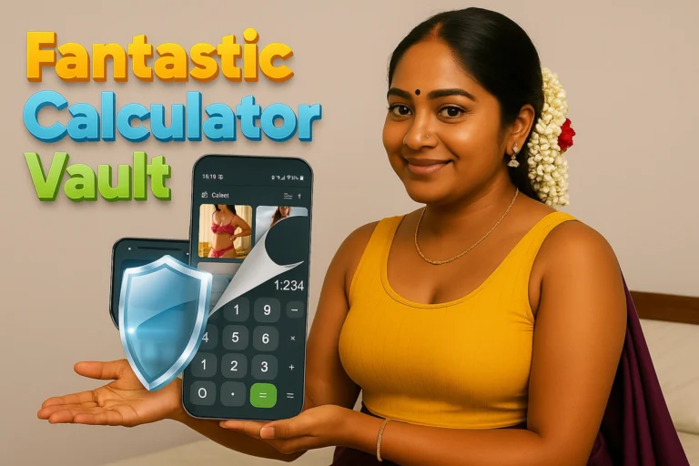 "Smiling Indian woman in traditional jasmine and red rose hairstyle, wearing a mustard yellow blouse, presenting a smartphone with a secure Calculator Vault interface. The phone screen cleverly disguises hidden private photos behind a calculator UI, with a blue security shield icon and bold 3D text reading 'Fantastic Calculator Vault'—perfect for promoting privacy apps, photo lockers, or hidden file storage solutions on social media."