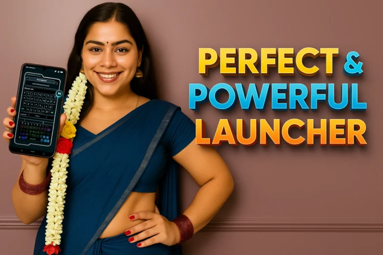 A cheerful South Asian woman dressed in a royal blue saree with silver borders poses confidently against a mauve background wall. She wears traditional gold jhumka earrings, red bangles, and a long jasmine garland adorned with red and yellow roses. Holding a smartphone in her right hand, she proudly displays a "Perfect & Powerful Launcher" app interface showing high-tech keyboard themes. To her right, vibrant 3D-style text in bold yellow, blue, and orange reads "PERFECT & POWERFUL LAUNCHER," emphasizing the theme of customizable Android phone launchers. Ideal promotional image for a modern, glamorous tech product featuring traditional Indian aesthetics blended with digital UI design.