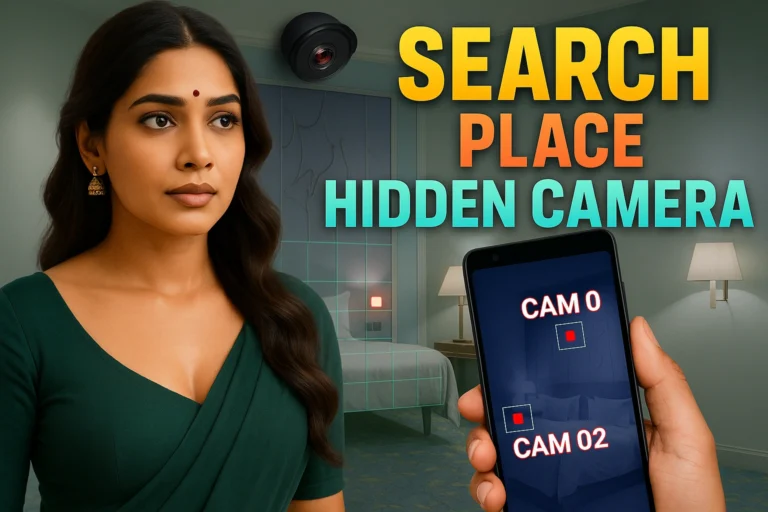 "A young Indian woman in a deep green saree with gold jhumka earrings stands confidently in a hotel room while a smartphone screen in the foreground shows detected spy cameras labeled 'CAM 01' and 'CAM 02'. The background displays a scanning grid with red camera detection points on the bed and wall. Bold 3D text on the right reads 'Search Place Hidden Camera' in bright yellow, orange, and aqua colors. The image conveys a modern privacy protection concept with strong visual clarity, ideal for a blog post about hidden camera detector apps."