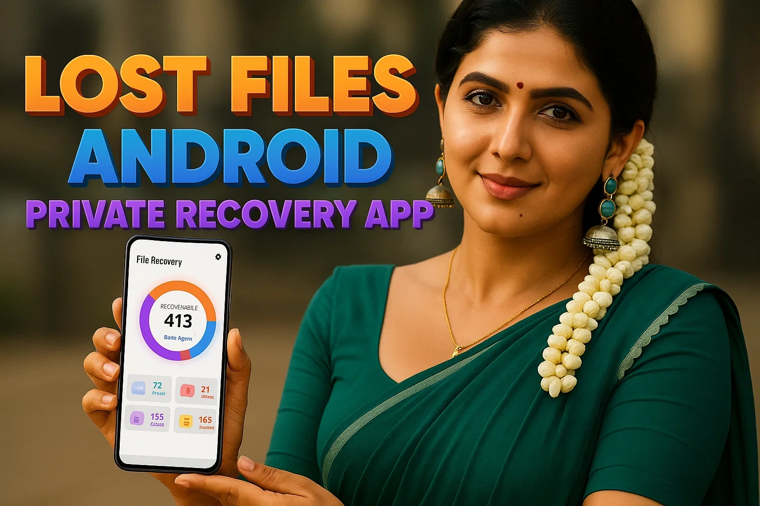 A promotional image for a "Lost Files Android Private Recovery App" featuring a smiling woman holding a smartphone that displays the app interface. The woman in the foreground has dark hair pulled back, adorned with a long string of white flowers cascading over her left shoulder. She is wearing a teal-colored sari and silver jhumka earrings. A small red bindi is visible on her forehead, and she has a delicate gold chain around her neck. She is looking directly at the viewer with a friendly expression. The smartphone in her hands shows a "File Recovery" screen with a prominent orange circular graph indicating "RECOVERABLE 413" items, with "Rare Apps" written below. Below the circle, there are four square icons with numbers and labels: "72 Photo", "21 Video", "155 Music", and "165 Others". Above the woman and the phone, large, glowing orange and blue text reads "LOST FILES ANDROID" with "PRIVATE RECOVERY APP" in purple text below it. The background is softly blurred, showing hints of greenery and a light-colored structure.