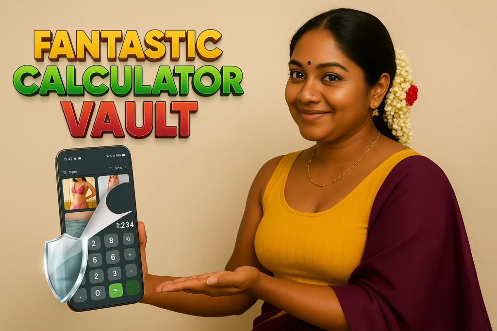 "Confident Indian woman in traditional attire with jasmine and red rose hair decoration, wearing a mustard yellow blouse and maroon saree, presenting a smartphone showcasing the 'Fantastic Calculator Vault' app. The phone displays a disguised calculator UI that conceals private photo folders, overlaid with a shield icon, promoting data privacy and secure file hiding. Bold 3D headline text in vibrant colors enhances visibility for vault apps, privacy tools, and Android security promotions."