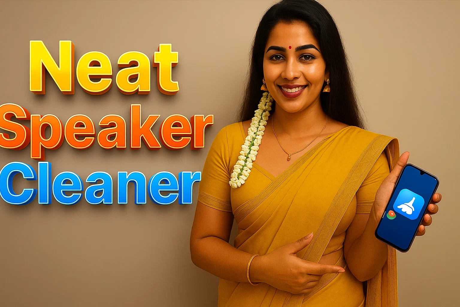 A promotional graphic with a smiling woman, a smartphone, and overlaid text against a plain background. On the right, a woman with dark hair, a bindi, and gold earrings is smiling and looking towards the viewer. She is wearing a mustard yellow saree and has a garland of white flowers draped over her left shoulder. Her left hand holds a dark smartphone displaying a blue app icon with a white paper airplane. Her right hand is pointing towards the phone. On the left side of the image, large, bold text reads "Neat" in yellow and orange, and "Speaker Cleaner" in orange and blue. The background is a plain light brown or beige color.