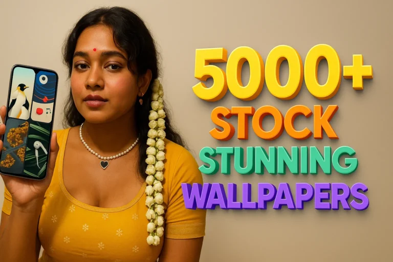 A woman with dark, curly hair, adorned with a long string of white jasmine flowers draped over her left shoulder. She is looking directly at the camera with a subtle smile and holding a smartphone in her left hand, showcasing a home screen with two large penguin images. She is wearing a mustard yellow top with a scooped neckline and subtle embroidered patterns on the sleeves. A white pearl necklace with a black heart-shaped pendant is around her neck, and small gold earrings are visible. A red bindi is on her forehead. To her right, large, bold 3D text in yellow, orange, green, and purple reads "5000+ STOCK STUNNING WALLPAPERS". The background is a blurred gradient of orange, brown, and gray.