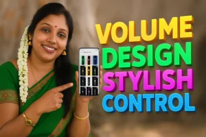 Volume Design Stylish Control Panel App – Customize Your Volume Like Never Before 4 A smiling woman with dark hair adorned with a jasmine garland on the left side and a red bindi on her forehead is wearing a green saree and gold jewelry, including earrings and bracelets. She is holding a black smartphone horizontally with her left hand, and her right index finger is pointing at the phone screen. The phone screen displays multiple vertical sliders in various colors and designs, suggesting different volume controls or design options. To the right of the woman and the phone, large, colorful 3D text reads "VOLUME" in yellow, "DESIGN" in green, "STYLISH" in magenta, and "CONTROL" in blue. The background is blurred, showing hints of a warm-toned interior.