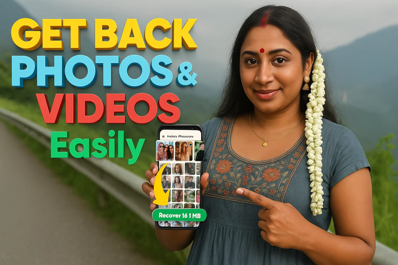 A woman with long dark hair, adorned with white flowers on her left side, smiles and points to a smartphone she's holding. Her hair is parted in the middle with a red bindi on her forehead. She is wearing a grey top with embroidered patterns on the front. The smartphone screen displays a grid of small photo thumbnails and the text "Recover 161 MB". In the background, there's a blurred winding road and green hills. To the left of the woman, large, bold text reads "GET BACK PHOTOS & VIDEOS Easily". "GET BACK" is yellow, "PHOTOS&" is light blue, "VIDEOS" is red, and "Easily" is green.
