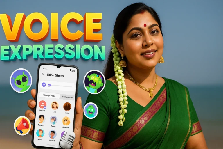 A smiling woman in a green saree with jasmine flowers in her hair holds up a smartphone displaying an app titled "Voice Effects" with various icons for different voice options. To her left, large orange and purple 3D text reads "VOICE EXPRESSION." Around the text and smartphone are several circular icons: a green alien, another green alien, a megaphone, and a microphone. The background is a blurred outdoor scene with a bright sky and a light beach or ground.