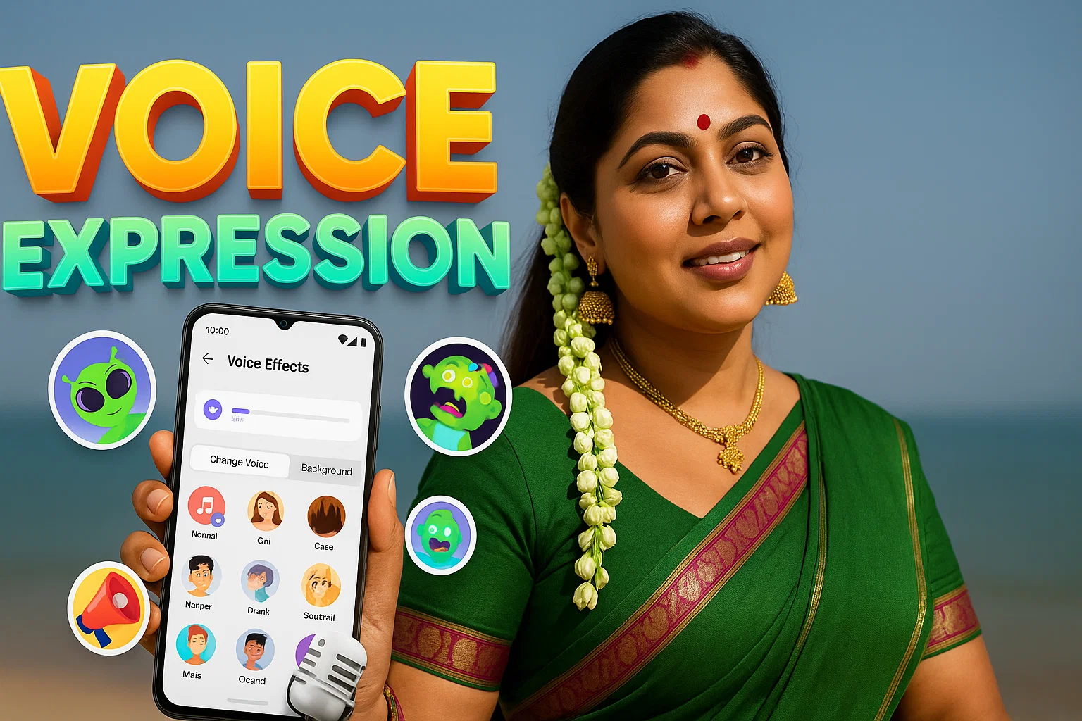 A smiling woman in a green saree with jasmine flowers in her hair holds up a smartphone displaying an app titled "Voice Effects" with various icons for different voice options. To her left, large orange and purple 3D text reads "VOICE EXPRESSION." Around the text and smartphone are several circular icons: a green alien, another green alien, a megaphone, and a microphone. The background is a blurred outdoor scene with a bright sky and a light beach or ground.