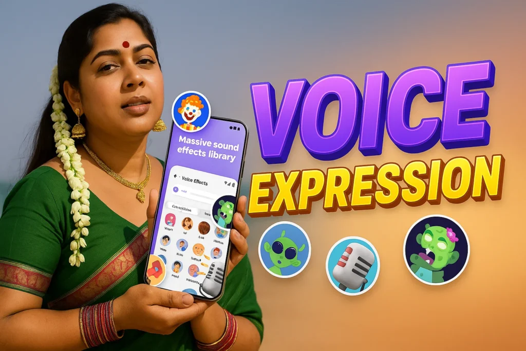 A woman in a green saree with jasmine flowers in her hair holds up a smartphone displaying an app titled "Voice Effects" with various cartoon avatars. To her right, large purple and orange 3D text reads "VOICE EXPRESSION." Below the text are three circular icons: a green alien, a microphone, and a green zombie. The background is a blurred outdoor scene with a bright sky and a light orange-brown ground.