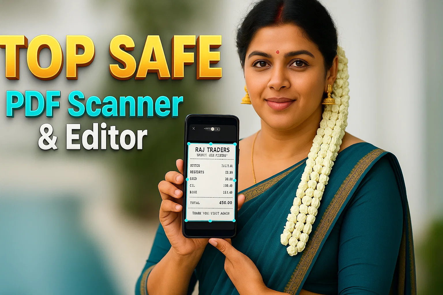 A smiling woman in a dark teal saree and a bindi, with a long braid adorned with white flowers, holds up a smartphone displaying a digital receipt. To her left, large, colorful 3D text reads "TOP SAFE PDF Scanner & Editor" against a muted background.