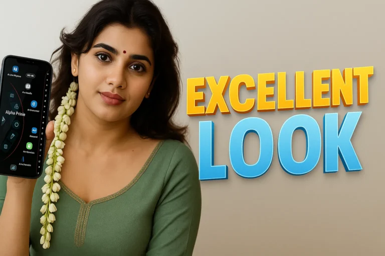 A young woman with dark, wavy hair, adorned with jasmine flowers, holds up a black smartphone displaying app icons and text. She is wearing a green top with embroidered detailing. A small red bindi is visible on her forehead. The background is a soft gradient from brown to light gray. To her right, large 3D text reads "EXCELLENT" in yellow and "LOOK" in blue.