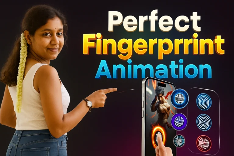 A digital promotional banner featuring a young Indian woman with curly hair tied back and adorned with jasmine flowers. She is wearing a white sleeveless top and blue jeans, smiling and confidently pointing at a smartphone display. The screen showcases a fingerprint animation app with glowing biometric icons in blue, red, purple, and green, alongside a muscular martial arts character. The background is dark and vivid, with large, bold, colorful 3D-style text reading “Perfect Fingerprint Animation” in white, orange, and blue. The layout is sharp and balanced, ideal for WordPress featured images, Facebook previews, and Google Discover with a 16:9 widescreen format.