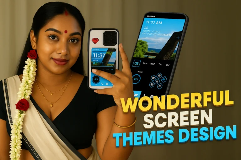 The image showcases a woman in a traditional white saree with black accents, adorned with a floral garland in her hair and a bold red rose. She is holding a phone, showing off a unique screen design with a bright blue and black theme, accompanied by the caption "WONDERFUL SCREEN THEMES DESIGN." The phone's display shows the time, weather, and other icons, giving an attractive and tech-savvy vibe to the visual. The overall image blends traditional and modern aesthetics beautifully.