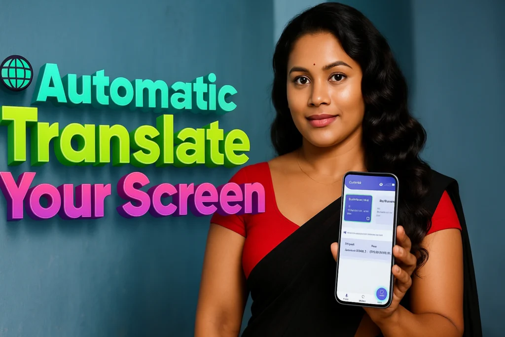 A promotional image featuring a woman on the right holding a white smartphone and pointing at its screen, with large 3D text on the left, set against a blue-grey background. The woman, who appears to be of South Asian descent, has dark hair pulled back and is wearing a black saree with a red blouse. She has a bindi on her forehead and a gentle smile as she looks towards the viewer. Her right hand holds the phone, and her left index finger points at its screen, which displays what appears to be a translation app interface with some text. The text on the left is large, three-dimensional, and reads "Automatic Translate Your Screen" in varying shades of green, yellow, and pink, with a globe icon above "Automatic".