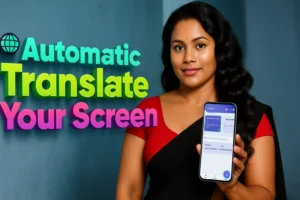 A promotional image featuring a woman on the right holding a white smartphone and pointing at its screen, with large 3D text on the left, set against a blue-grey background. The woman, who appears to be of South Asian descent, has dark hair pulled back and is wearing a black saree with a red blouse. She has a bindi on her forehead and a gentle smile as she looks towards the viewer. Her right hand holds the phone, and her left index finger points at its screen, which displays what appears to be a translation app interface with some text. The text on the left is large, three-dimensional, and reads "Automatic Translate Your Screen" in varying shades of green, yellow, and pink, with a globe icon above "Automatic".