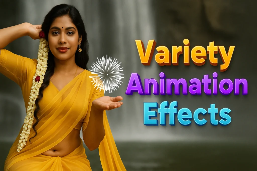 A traditionally dressed South Indian woman in a mustard-yellow saree sits gracefully in front of a waterfall backdrop, with jasmine and red rose flowers adorning her hair. She poses elegantly with one hand raised as if displaying a virtual animation sparkle, representing visual effects. Bold colorful text beside her reads: “Variety Animation Effects.” The image combines nature, culture, and modern digital aesthetics, ideal for promoting Android apps with lock screen animation or personalization features.
