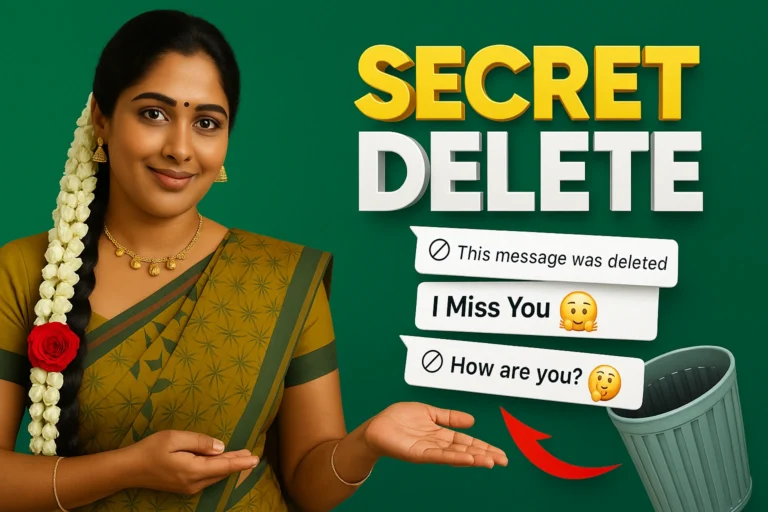 A traditional South Indian woman in a green and mustard saree with jasmine and red rose garland gestures confidently towards a floating phone screen showing deleted chat messages. Bold yellow and white text reads "SECRET DELETE," highlighting a feature or app that reveals deleted WhatsApp or chat messages. Sample texts include “I Miss You” and “This message was deleted,” suggesting the app can retrieve or reveal hidden or removed messages. Ideal for posts about privacy tools, message recovery apps, or secret chat viewers, especially targeting mobile users in India.