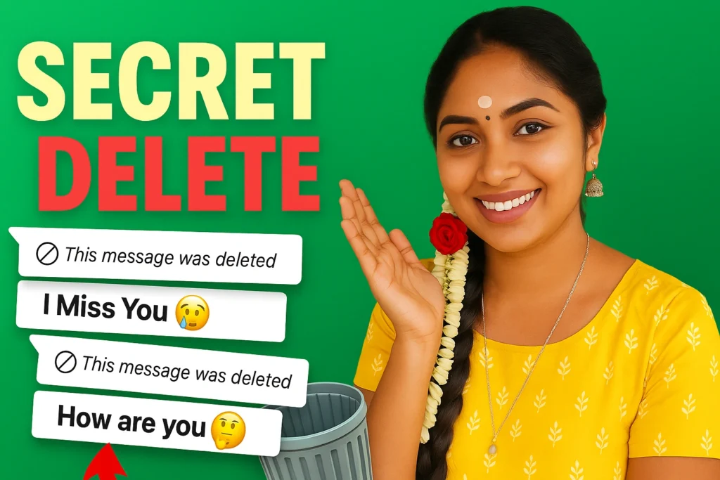 A smiling South Asian woman in a yellow saree blouse poses with jasmine flowers and a red rose in her braid. She gestures toward deleted WhatsApp message previews—“This message was deleted,” “I Miss You 😢,” and “How are you? 🤔”—popping out from a green background with a bold title “SECRET DELETE.” The image visually represents the concept of retrieving deleted WhatsApp messages secretly and is styled for Discover, WordPress, and social preview optimization.