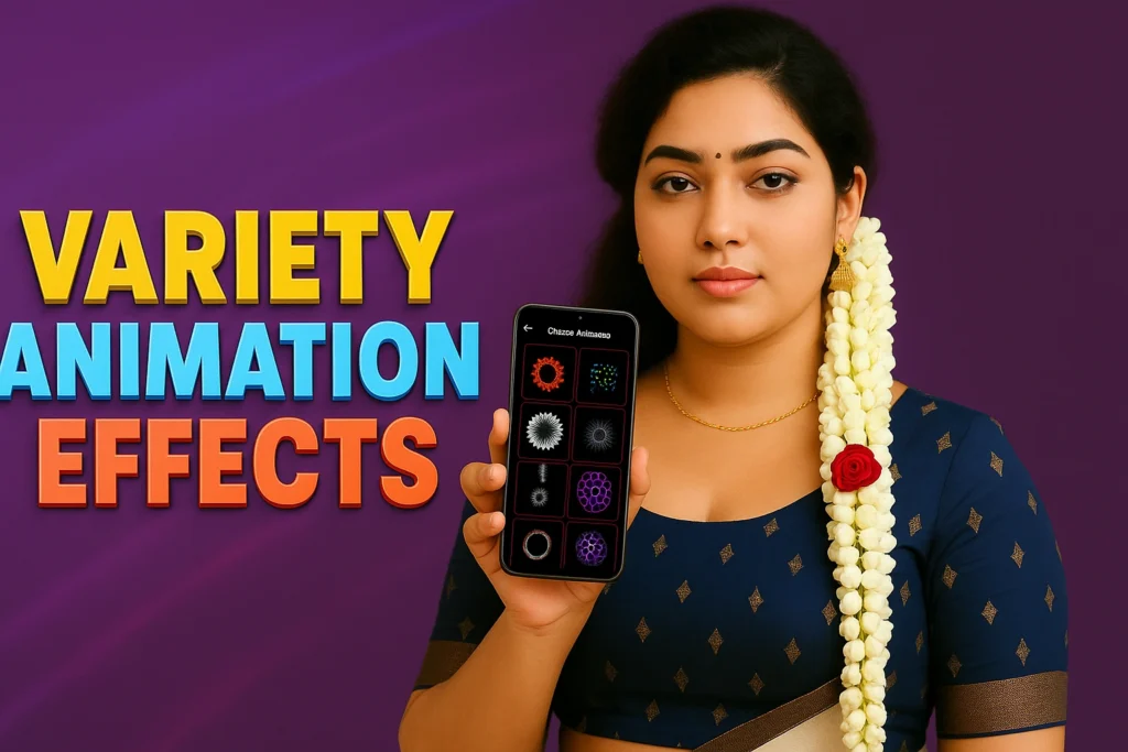 A young South Indian woman in a navy blue traditional saree poses confidently in front of a purple background, holding a smartphone showing various animated lock screen effects. Her hair is adorned with jasmine flowers and a red rose. To the left, bold colorful text reads “VARIETY ANIMATION EFFECTS,” highlighting app features related to fingerprint animations, screen effects, or personalization. Ideal visual for promoting Android customization apps on Facebook or tech blogs.