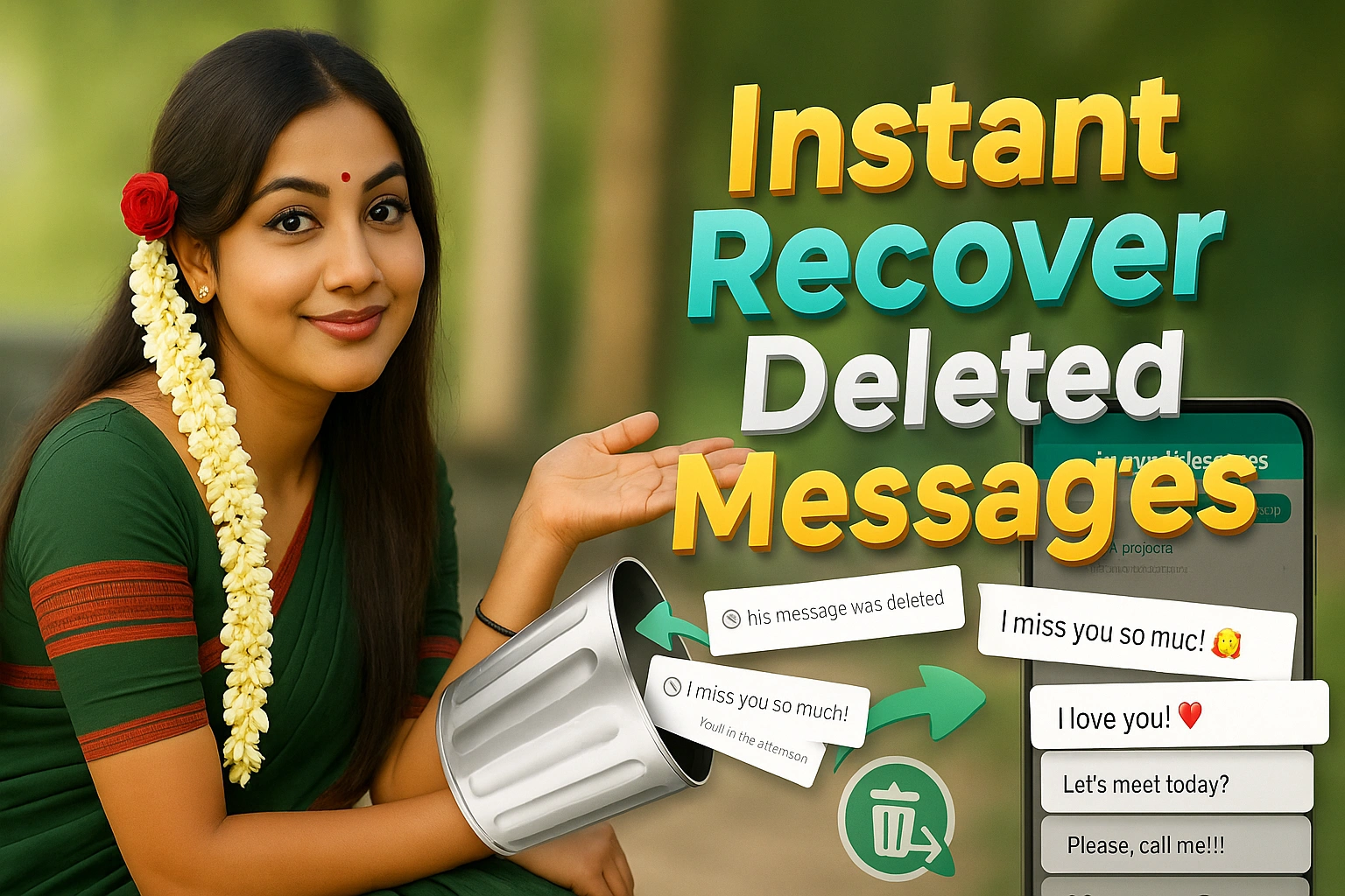 An advertisement for an app to recover deleted messages, featuring a smiling woman wearing a green saree and jasmine flowers with a red rose in her hair. She gestures towards a visual representation of messages being retrieved from a trash can icon and appearing on a smartphone screen, with large text in orange and green reading "Instant Recover Deleted Messages."