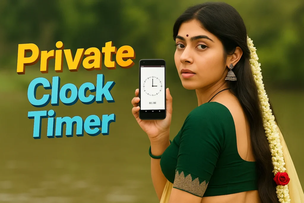 A traditional South Indian woman in a green blouse and yellow saree holds a smartphone displaying a clock timer set for 1 minute. Her long hair is adorned with a jasmine garland and a single red rose. The woman looks confidently at the camera against a blurred natural riverbank background. Beside her, bold 3D text reads “Private Clock Timer,” promoting the app. This image is ideal for showcasing privacy-focused timer apps, digital security tools, or utility app promotions on Facebook and Instagram.