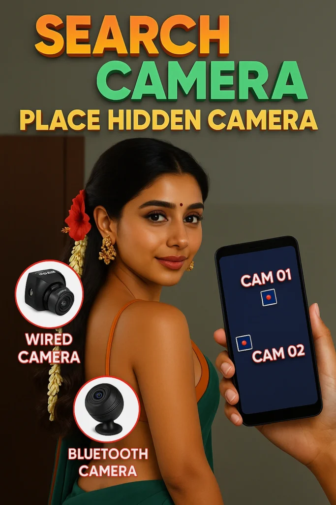 Stylish South Indian woman in a traditional outfit with jasmine garland and red rose in her hair, standing indoors and holding a smartphone that displays two detected hidden cameras labeled “CAM 01” and “CAM 02.” The background includes bold text “SEARCH CAMERA – PLACE HIDDEN CAMERA” promoting safety and surveillance awareness. Two types of spying devices are shown beside her: a wired hidden camera and a Bluetooth camera, clearly labeled. The image emphasizes personal safety, anti-spy protection, and modern technology for detecting hidden cameras — ideal for privacy awareness and mobile app promotion posts.