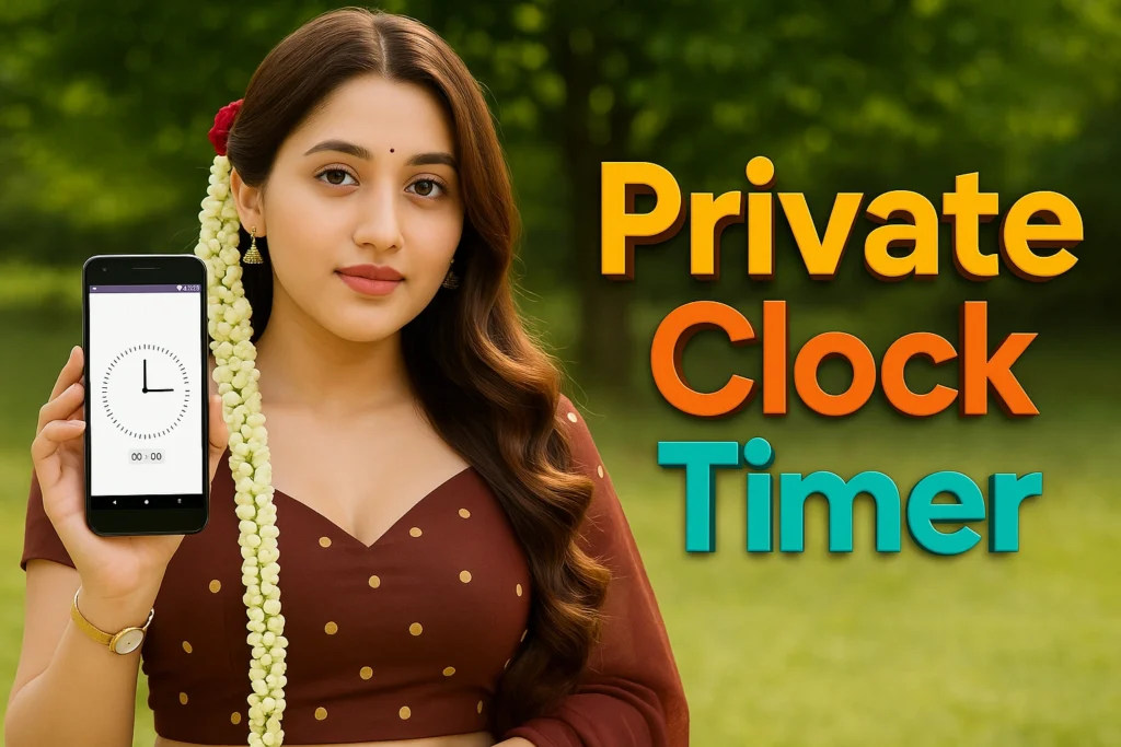 A young South Indian woman in a maroon polka-dot saree holds a smartphone showing a digital clock timer at 00:00. Her hair is adorned with a jasmine garland and a red rose. She poses confidently with a soft smile against a natural green outdoor background. Beside her, colorful 3D text reads “Private Clock Timer,” indicating an app promotion. Perfect for showcasing vault timer apps, hidden features, or privacy tools in an elegant, cultural style.