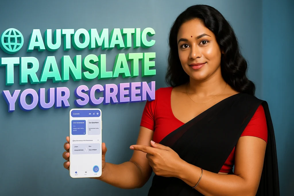 A promotional image with a woman on the right holding a white smartphone, and large 3D text on the left, all against a blue-grey background. The woman, who appears to be of South Asian descent, has dark hair pulled back and is wearing a black saree with a red blouse. She has a bindi on her forehead and a subtle smile as she looks towards the viewer. Her left hand is holding the phone, which displays what appears to be a translation app interface with some text. The text on the left is large, three-dimensional, and reads "Automatic Translate Your Screen" in varying shades of green, yellow, and pink, with a globe icon above "Automatic".