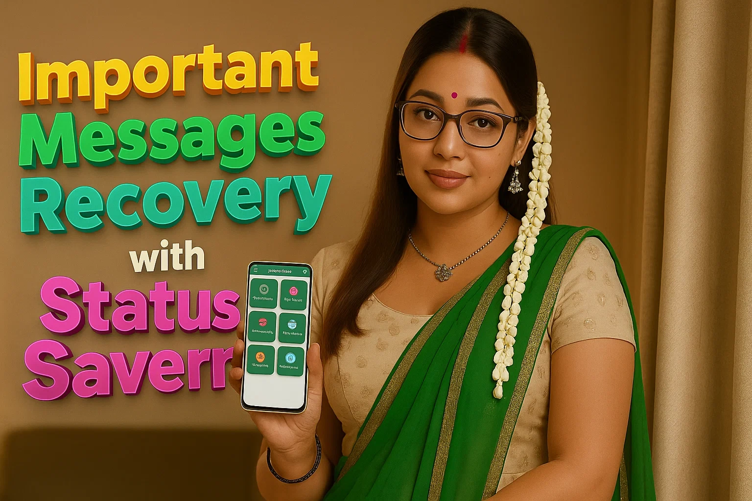 A promotional image for a "Status Saver" app. On the right, a young woman, who appears to be of South Asian descent, with long dark hair styled with a string of white flowers draped over her left shoulder, looks towards the viewer with a slight smile. She is wearing eyeglasses, a red bindi on her forehead, a beige top, and a green sari. She holds up a smartphone in her left hand, which displays an app interface with several colorful icons. To her left, large, bold text reads "Important Messages Recovery with Status Saver". "Important" is in yellow, "Messages Recovery" in green, "with" in smaller black text, and "Status Saver" in pink. The background is a plain brown wall and a glimpse of a curtain on the right.