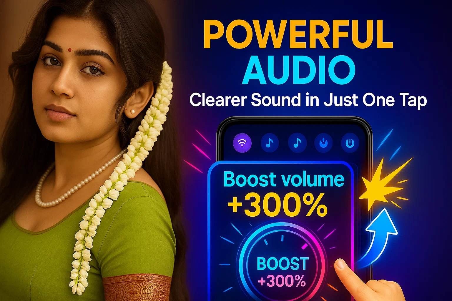 The left side of the image features a young woman with dark hair, a bindi, and a jasmine garland in her hair, wearing a green garment and a pearl necklace, looking towards the viewer. The right side is a dark blue background with text and a graphical representation of a smartphone screen. The prominent text at the top reads "POWERFUL AUDIO" in orange and blue, followed by "Clearer Sound in Just One Tap" in white. Below this, a stylized smartphone screen shows "Boost volume +300%" and "BOOST +300%" with an arrow pointing upwards. A hand icon with an index finger points to the "BOOST" button.