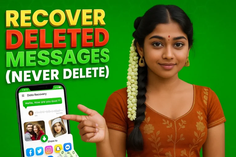 A woman with long, dark hair braided over her left shoulder, looking directly at the camera with a subtle smile. A long string of white flowers is braided into her hair on her left side. She is wearing an orange saree with a dark green and gold patterned border, and a matching V-neck blouse. Her left hand is holding a black smartphone, pointing to its screen with her left index finger. The phone screen displays a "Data Recovery" interface with message bubbles, contact photos, and social media share icons at the bottom. She has a small red bindi on her forehead and golden earrings. To her right, large yellow and red text reads "RECOVER DELETED MESSAGES (NEVER DELETE)". The background is a vibrant green.
