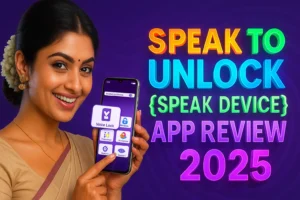 Voice Lock – Speak to Unlock {SPEAK DEVICE} App Review 2025: Secure, Fast & Customizable Phone Unlock 2 “A smiling South Asian woman dressed in traditional attire with jasmine flowers in her hair holds a smartphone displaying the Voice Lock app interface. The phone screen shows lock options including voice lock, PIN lock, pattern lock, wallpaper, settings, and preview. To the right, bold colorful 3D text reads ‘Speak to Unlock {SPEAK DEVICE} App Review 2025’ on a deep purple background with subtle wave patterns. The image conveys modern phone security with personalized voice unlock and customization features, designed for a 2025 app review article.”