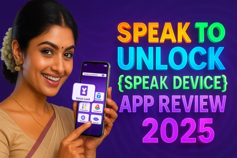 “A smiling South Asian woman dressed in traditional attire with jasmine flowers in her hair holds a smartphone displaying the Voice Lock app interface. The phone screen shows lock options including voice lock, PIN lock, pattern lock, wallpaper, settings, and preview. To the right, bold colorful 3D text reads ‘Speak to Unlock {SPEAK DEVICE} App Review 2025’ on a deep purple background with subtle wave patterns. The image conveys modern phone security with personalized voice unlock and customization features, designed for a 2025 app review article.”