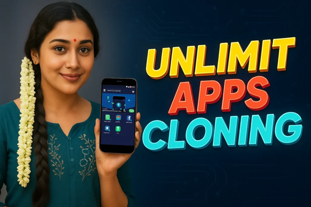 A striking promotional image for the “Unlimit Apps Cloning” app, ideal for WordPress featured use. On the left, a South Indian woman with a confident smile is dressed in a teal ethnic outfit, wearing a jasmine garland in her hair. She holds up a smartphone displaying the “WHATS CLONE” app interface with icons for WhatsApp, Chrome, Facebook, and Messenger, symbolizing multi-account support. On the right side, bold 3D text in yellow, red, and cyan spells out “UNLIMIT APPS CLONING” against a dark digital background with tech circuit elements. The layout is crisp, colorful, and clean—perfectly optimized for 1200x628px dimensions with a 16:9 aspect ratio for social shares, Google Discover, and blog thumbnails.