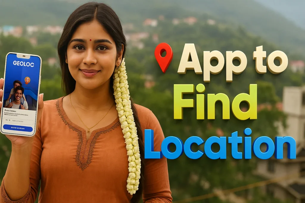 A young woman with dark hair, adorned with long white flower garlands on the right side, smiles slightly while holding up a white smartphone in her left hand. The phone's screen displays an app interface with "GEOLOC" at the top and a profile picture of a man. The woman is wearing a rustic orange-brown top with subtle embroidery. She is positioned outdoors with a blurred background of green foliage and a city in the distance under a hazy sky. To the right of the woman, large 3D text with a red location pin icon reads "App to Find Location" in yellow, green, and blue gradient colors.