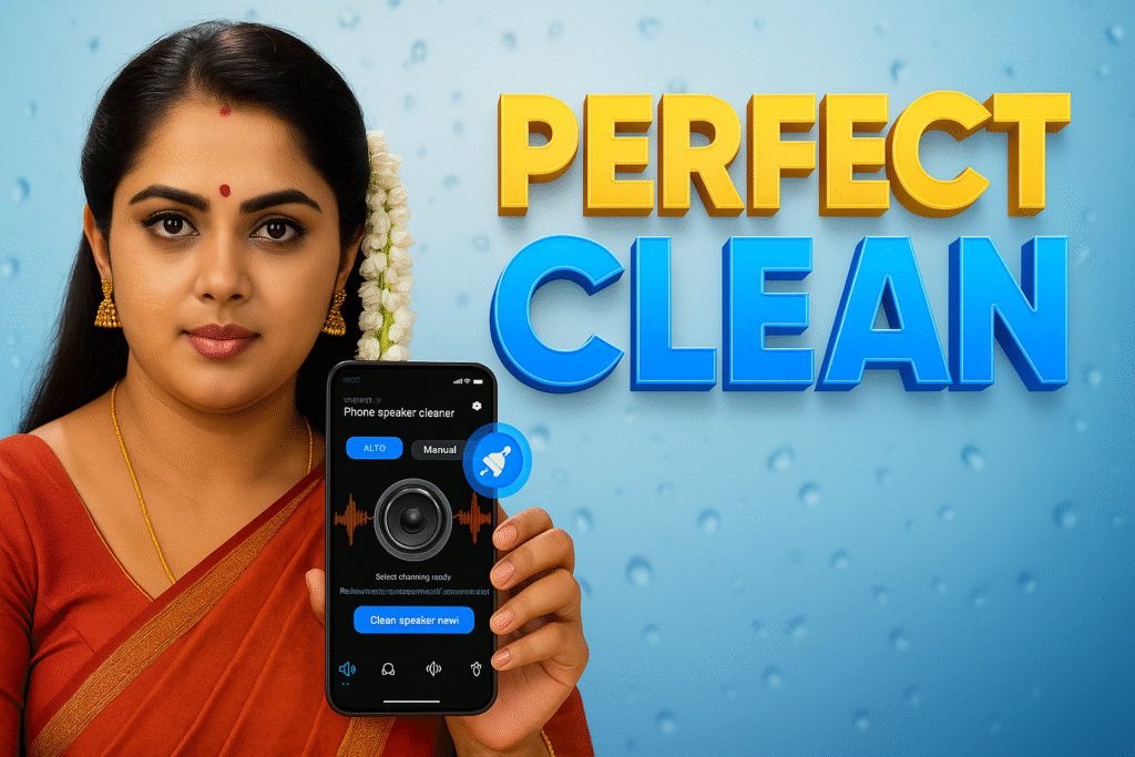 A woman in a red saree with jasmine flowers in her hair is holding up a smartphone. The phone's screen displays an interface for a "Phone speaker cleaner" app, showing options like "ALTO" and "Manual" with a speaker icon at the center. A white notification bell icon is floating above the phone. In the background, large yellow text reads "PERFECT" and large blue text reads "CLEAN." The background itself is a blurred blue with subtle water droplet effects.