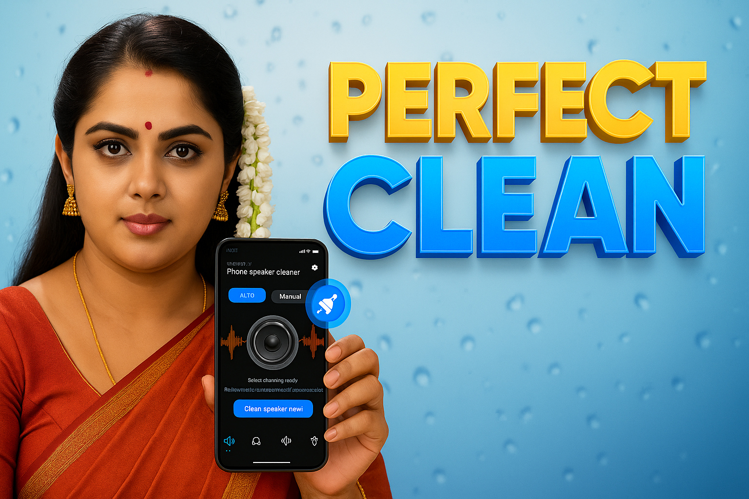A woman in a red saree with jasmine flowers in her hair is holding up a smartphone. The phone's screen displays an interface for a "Phone speaker cleaner" app, showing options like "ALTO" and "Manual" with a speaker icon at the center. A white notification bell icon is floating above the phone. In the background, large yellow text reads "PERFECT" and large blue text reads "CLEAN." The background itself is a blurred blue with subtle water droplet effects.