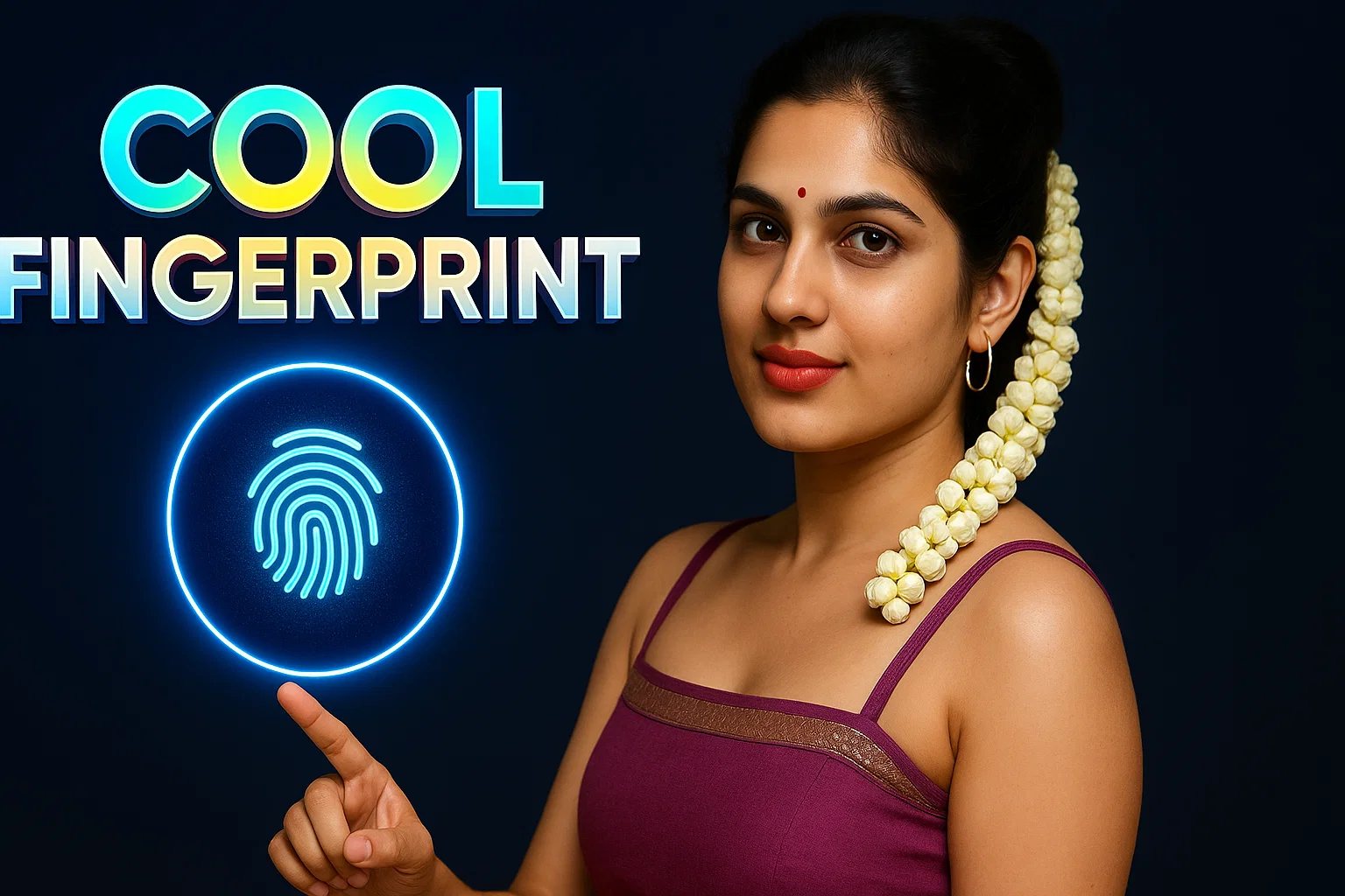 An advertisement-style image with "COOL FINGERPRINT" in large, yellow and blue 3D text at the top left. A glowing blue neon circle with a fingerprint icon inside it is positioned below the text. A young South Asian woman is on the right side of the image, smiling subtly and looking towards the camera. She has dark hair pulled back from her face, with a long strand of white jasmine flowers (gajra) intricately woven into the hair on her right side, draping down her shoulder. She is wearing a purple-maroon sleeveless top with gold trim. A red bindi is on her forehead, and she has hoop earrings. Her left index finger is extended and pointing towards the glowing fingerprint icon. The background is a plain, dark blue or black.