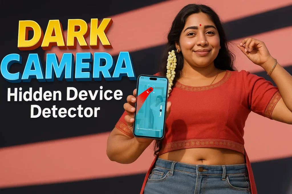 An image promoting a "Dark Camera Hidden Device Detector" app. On the right, a young woman with dark, wavy hair, adorned with a string of white jasmine flowers, smiles slightly at the viewer. She is wearing a reddish-orange crop top with gold trim, showcasing her midriff, and blue denim jeans. She holds a teal-colored smartphone in her left hand, which displays an app interface with a red beam suggesting detection. On the left, large, bold text reads "DARK" in yellow with an orange outline, followed by "CAMERA" in blue with a lighter blue outline. Below that, "Hidden Device Detector" is written in white. The background is a gradient from dark grey to a peach or light orange color, with diagonal stripes.