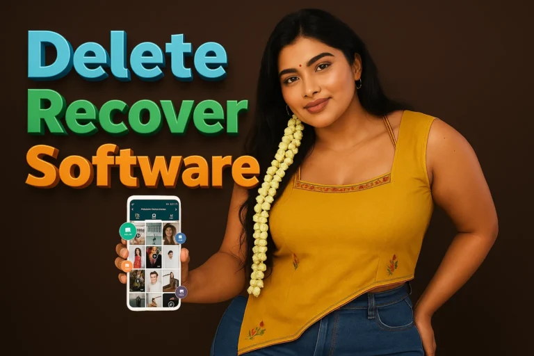 A young woman in a mustard yellow top and blue jeans holds a white smartphone showing a grid of photos on its screen. She is smiling slightly and has a long string of white and yellow flowers intertwined in her dark hair, which drapes over her left shoulder. To her left, large, bold text in blue, green, and orange reads "Delete Recover Software." The background is a solid, dark brown.