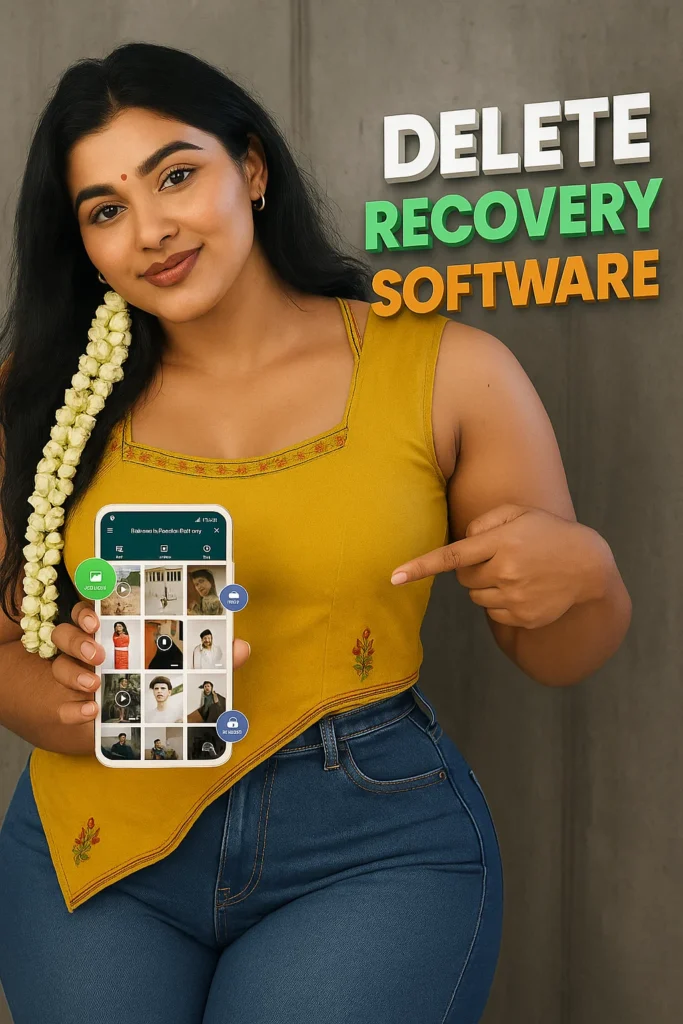 A young woman in a yellow top and blue jeans holds up a smartphone displaying a grid of photos, with her other hand pointing towards the phone. Text to her right reads "DELETE RECOVERY SOFTWARE." She has a string of white flowers in her hair. The background is a plain gray wall.
