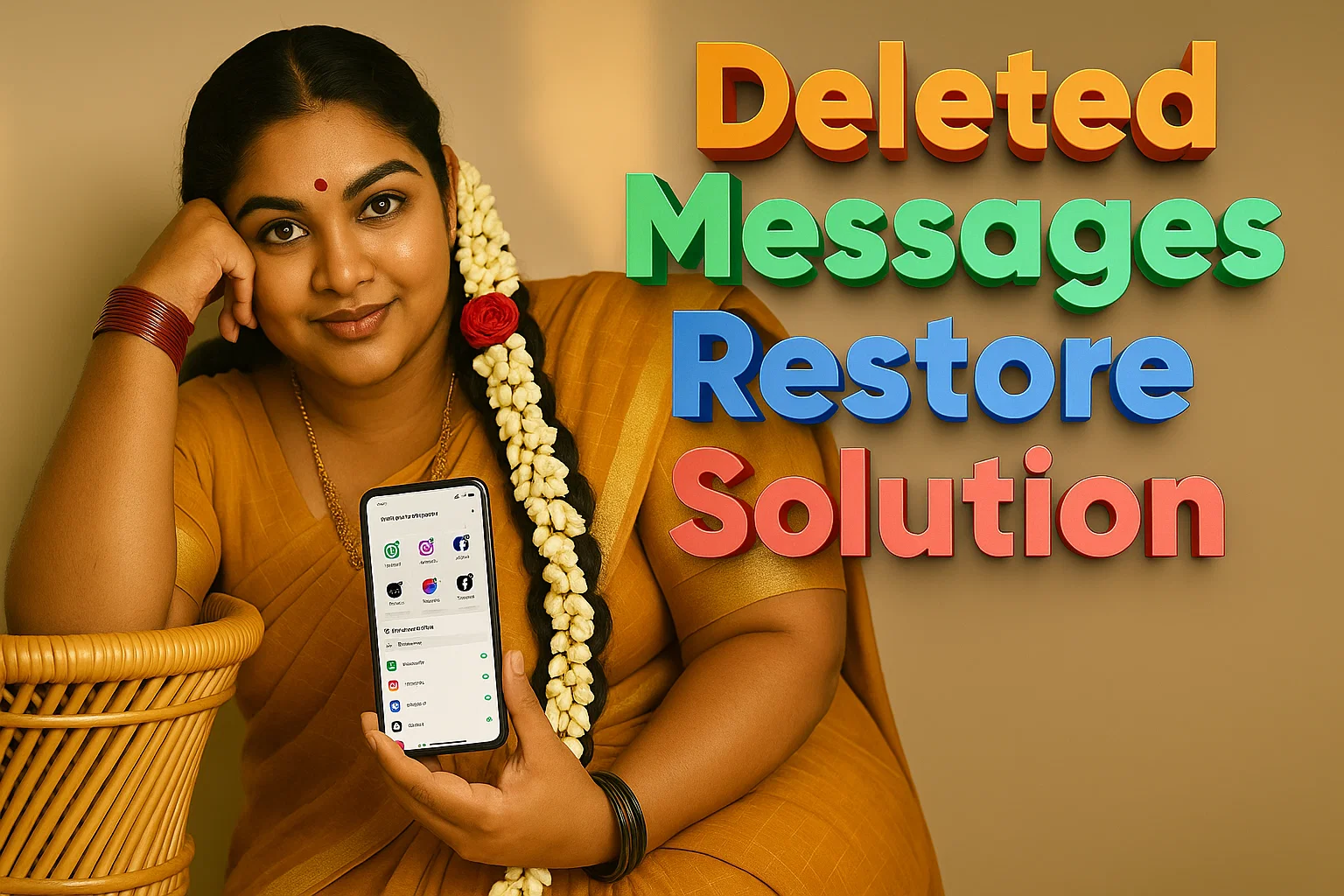 A light-skinned woman in a mustard yellow sari with white flowers and a red rose in her hair smiles at the viewer, holding a smartphone displaying an app with various social media icons. To her right, large orange, green, blue, and red text reads "Deleted Messages Restore Solution."