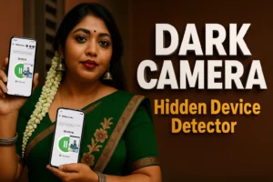 Hidden Device Admin Detector App for Android – DARK CAMERA will Secure Your Privacy in 2025 2 An image promoting a "Dark Camera Hidden Device Detector" app. On the left, a woman with dark hair and traditional South Indian jewelry is holding up two white smartphones, each displaying a mobile app interface. She is wearing a green saree with gold trim. On the right, large, bold white text reads "DARK CAMERA" stacked vertically. Below that, in yellow text with an orange outline, is "Hidden Device Detector". The background is a solid dark brown.