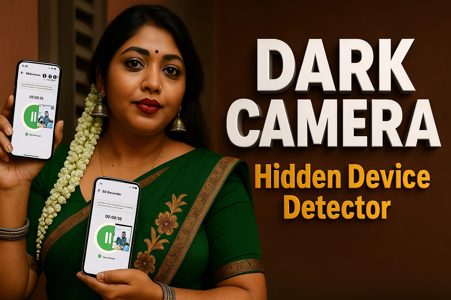 An image promoting a "Dark Camera Hidden Device Detector" app. On the left, a woman with dark hair and traditional South Indian jewelry is holding up two white smartphones, each displaying a mobile app interface. She is wearing a green saree with gold trim. On the right, large, bold white text reads "DARK CAMERA" stacked vertically. Below that, in yellow text with an orange outline, is "Hidden Device Detector". The background is a solid dark brown.