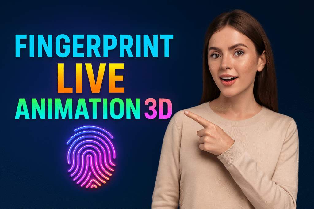 A young woman with straight brown hair, wearing a beige sweater, points with excitement at a glowing neon-style fingerprint icon and bold multicolored 3D text that reads “Fingerprint Live Animation 3D” on a dark blue gradient background. The composition is sharp and vibrant, designed as a promotional banner for a mobile fingerprint lock screen animation app.