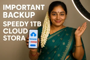 A smiling woman, likely of South Asian descent, with dark hair adorned with white flowers, is holding up a white smartphone. The phone's screen displays a blue cloud icon with "1024GB +300GB" written below it. She is wearing a green sari and bangles, with a small red bindi on her forehead. Her left hand is raised slightly, palm open. In the top right corner, part of a circular ring light is visible. Overlaid on the left side of the image in large white text are the words "IMPORTANT BACKUP SPEEDY 1TB CLOUD STORA".