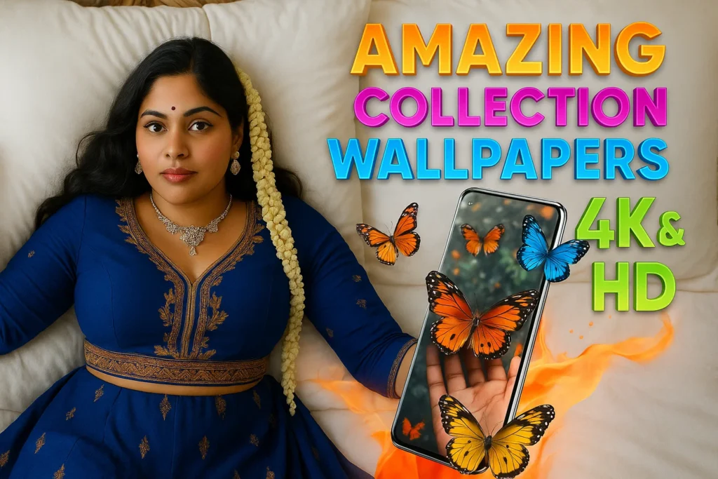 A woman with dark hair and a jasmine garland is lying on a white bed, wearing a dark blue top with gold embroidery and a silver necklace. She is looking at the camera. Her right arm is extended towards a floating smartphone, which displays a wallpaper with multiple orange and blue butterflies. Some butterflies appear to be flying off the phone screen. To the right of the woman, large 3D text reads "AMAZING COLLECTION WALLPAPERS 4K & HD" in yellow, pink, blue, and green. An orange, flame-like graphic is at the bottom right.
