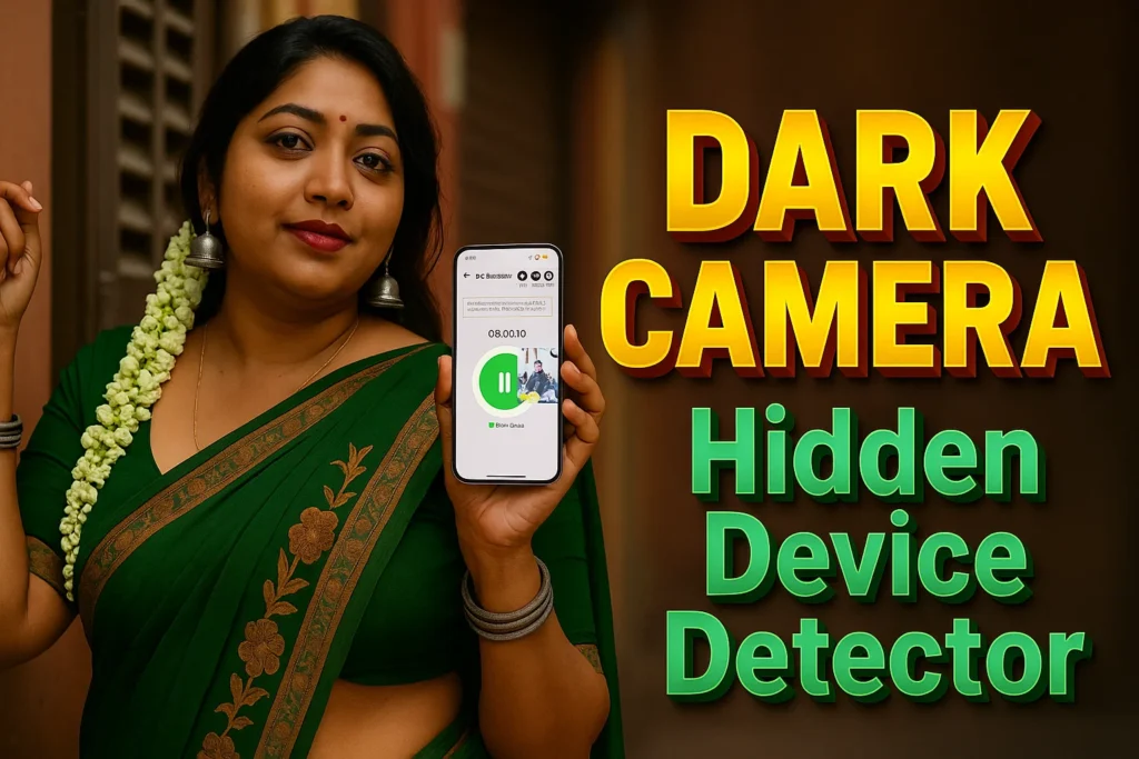 An image promoting a "Dark Camera Hidden Device Detector" app. On the left, a woman with dark hair and traditional South Indian jewelry smiles subtly at the viewer, while holding up a white smartphone displaying a mobile app interface. She is wearing a green saree with gold trim. On the right, large, bold yellow text with an orange outline reads "DARK CAMERA" stacked vertically. Below that, in green text with a lighter green outline, is "Hidden Device Detector". The background is a solid dark brown.