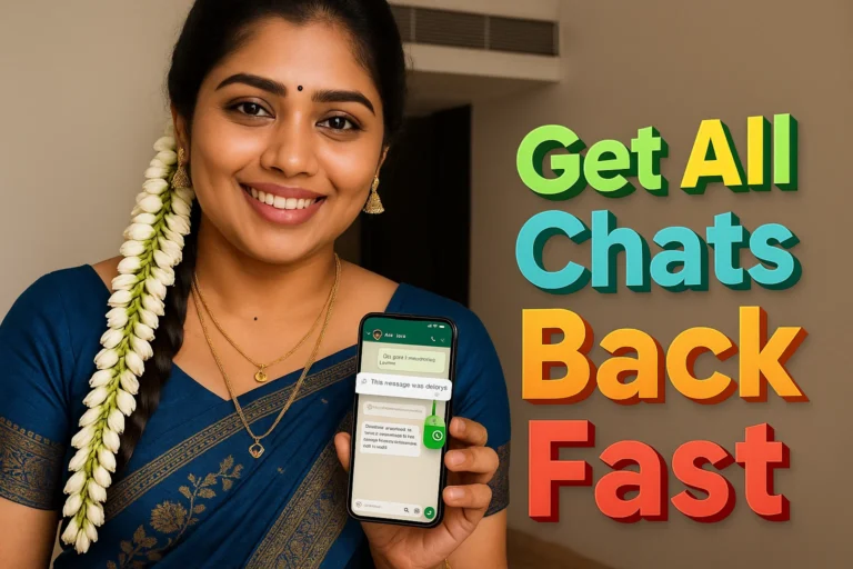A smiling woman with dark hair adorned with a long string of white jasmine flowers stands against a light-colored wall, holding up a smartphone. She is wearing a dark blue traditional Indian saree with gold patterns and gold earrings, and a gold necklace. The smartphone screen displays a WhatsApp chat interface with a message that reads "This message was deleted." To the right of the woman, large, colorful text in green, teal, black, and orange reads "Get All Chats Back Fast.